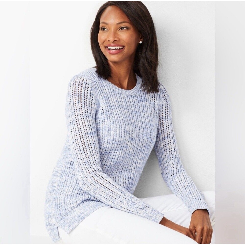Talbots Womens MP Blue White Open Knit Sweater Round Neck Casual Cotton